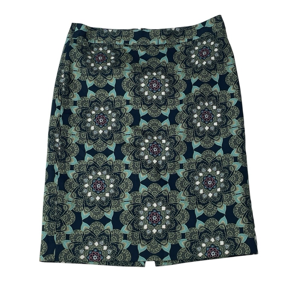 Van Heusen Womens Size 2 Blue Green Floral Medallion Print Cotton Pencil Skirt